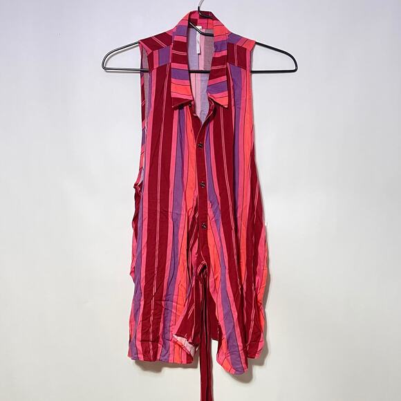 Free People Button Down Wrap Shirt Women Small Pink Stripe Mackenzie Floral Tank - Picture 2 of 14